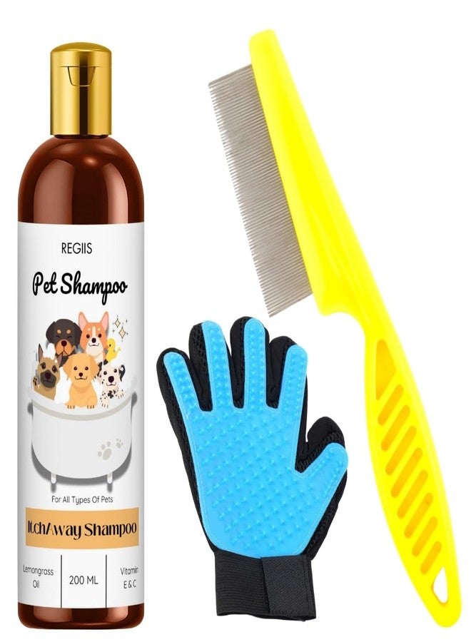 REGIIS Pet Grooming Kit with Anti-Itch Shampoo, Blue Deshedding Glove, Yellow Flea Comb, 200ml, for Dogs and Cats, Natural Lemongrass Oil Formula - Image 1